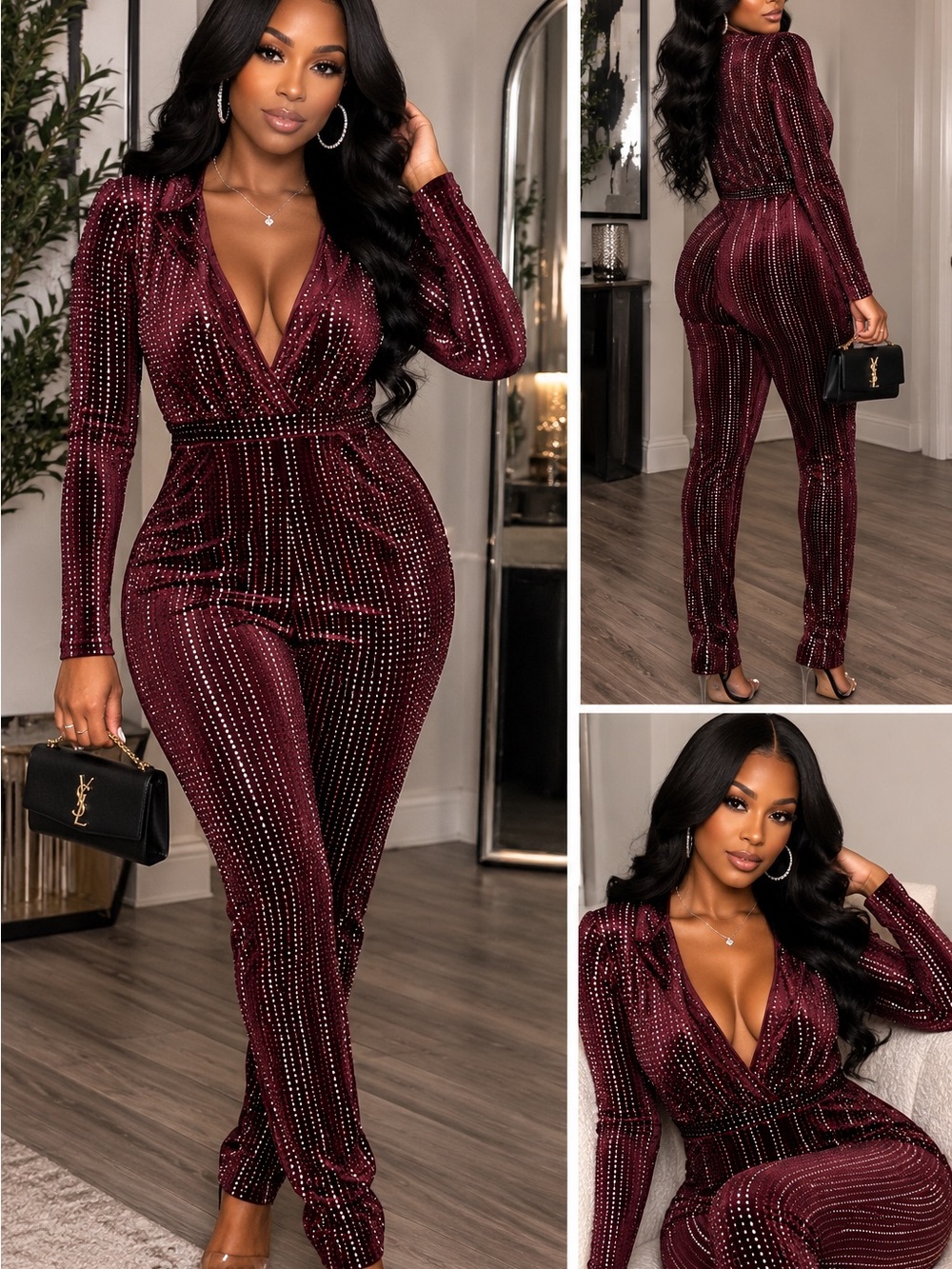 Crystal Doll Burgundy Rhinestone-Embellished Jumpsuit